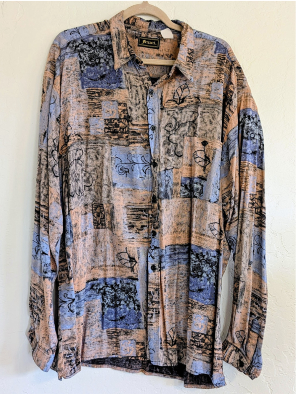 Ferracci Abstract Patchwork Shirt Mens Button Up Retro 90s Art Print Oversized